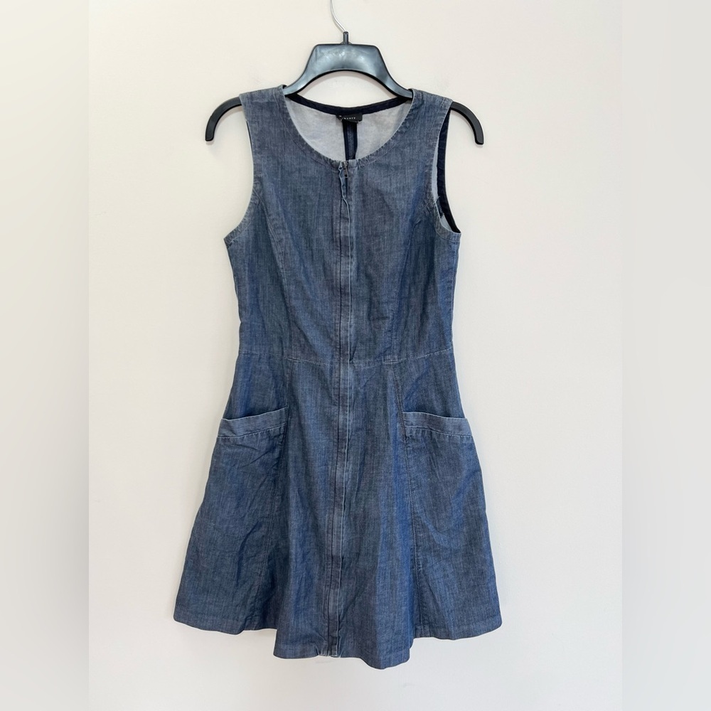 Theory Sleeveless Front Zip Sleeveless  Denim Mini A-line Dress Blue Chambray, 2
